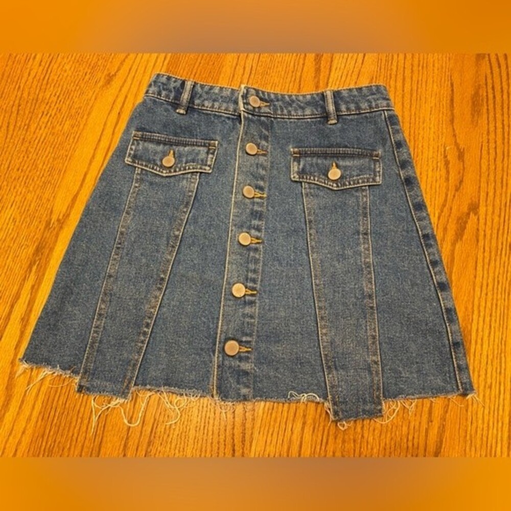 Zara Trafaluc Denim Jean Button Up Raw Edge Mini Skirt